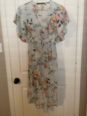 Sheer Floral Wrap Kimono in Pale Blue